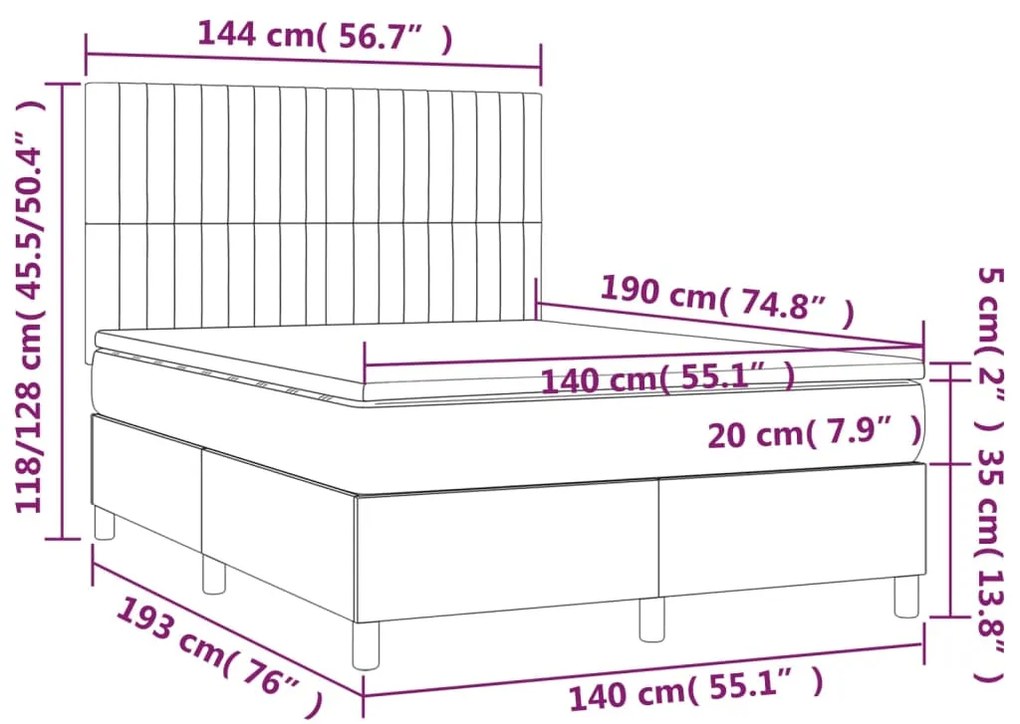 Cama box spring c/ colchão e LED 140x190 cm tecido cinza-claro