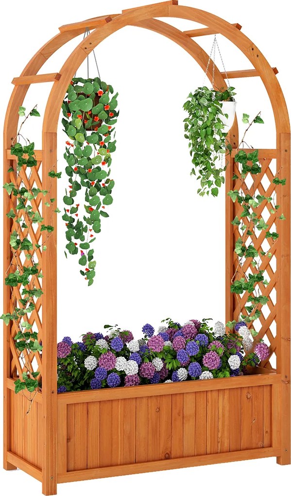 Floreira elevada com treliça em em arco 83 x 36 x 146 cm, drenagem e caixa de madeira elevada para trepadeiras, ervas e vegetais. Castanho avermelhado