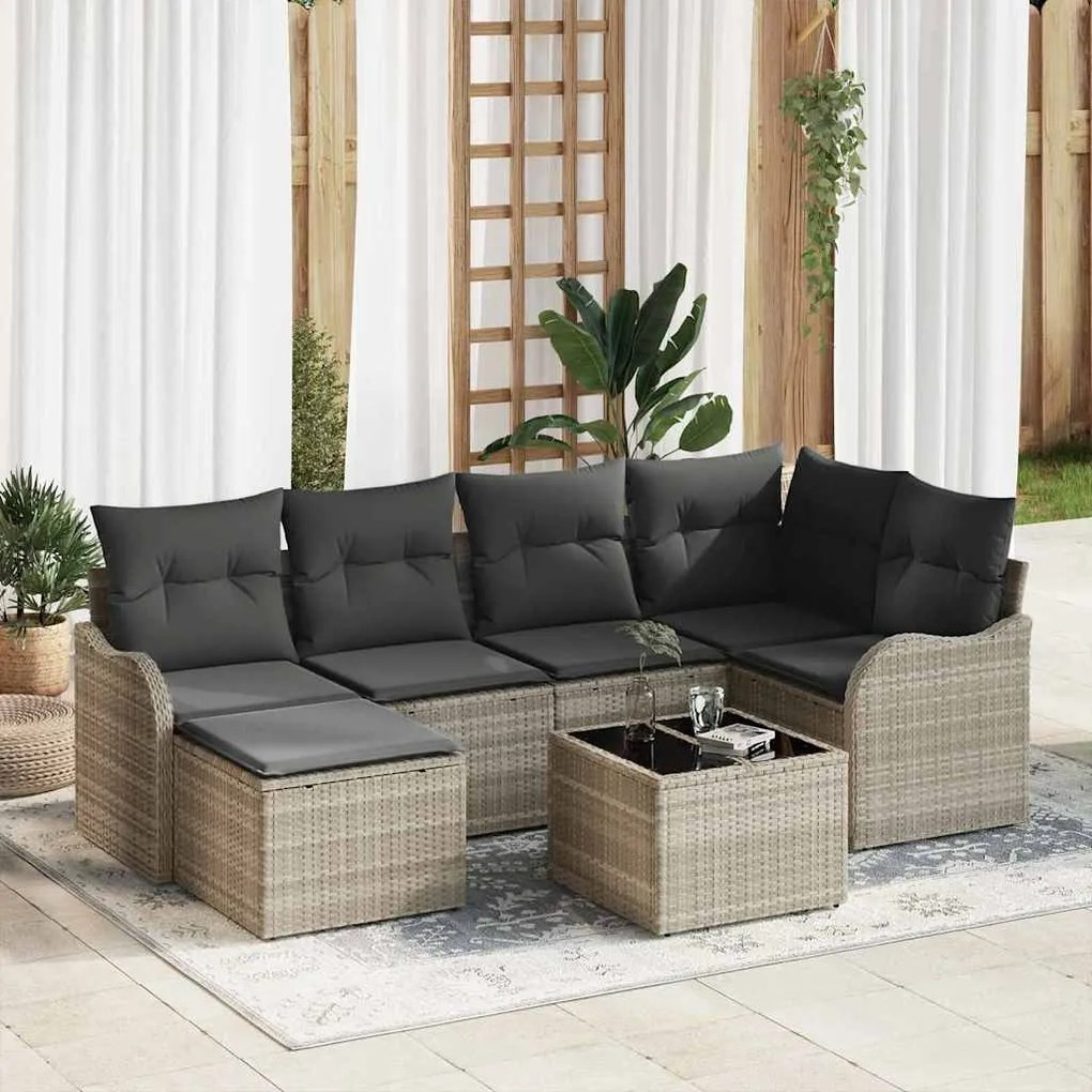 vidaXL Conjunto de Sofá de Jardim de 7 peças da com almofadas cinza em rattan sintético.