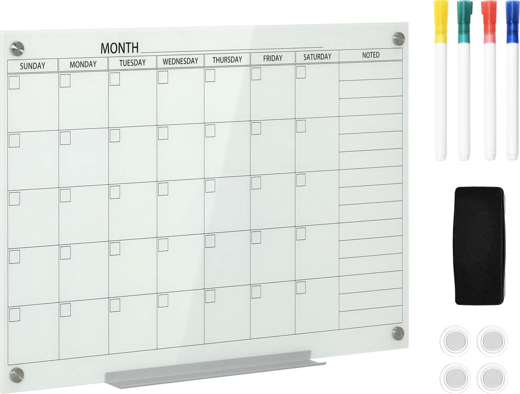 Vinsetto Quadro Branco Calendário 90 x 60cm Calendário de Parede com Prateleira para Canetas Apagável a Seco Planeador Semanal com 4 Canetas, Apagador, Calendário Mensal para Escritório Escola Cozinha Casa | Aosom Portugal