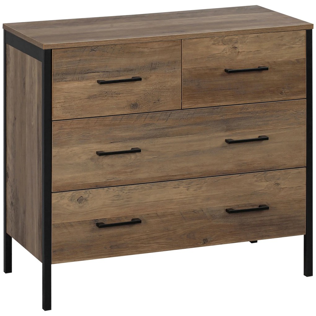 HOMCOM Cómoda com 4 Gavetas Cómoda de Madeira para Dormitório Móvel de Armazenamento Estilo Industrial para Escritório Dormitório Anti-Tombo 80x40x75cm Marrom e Preto