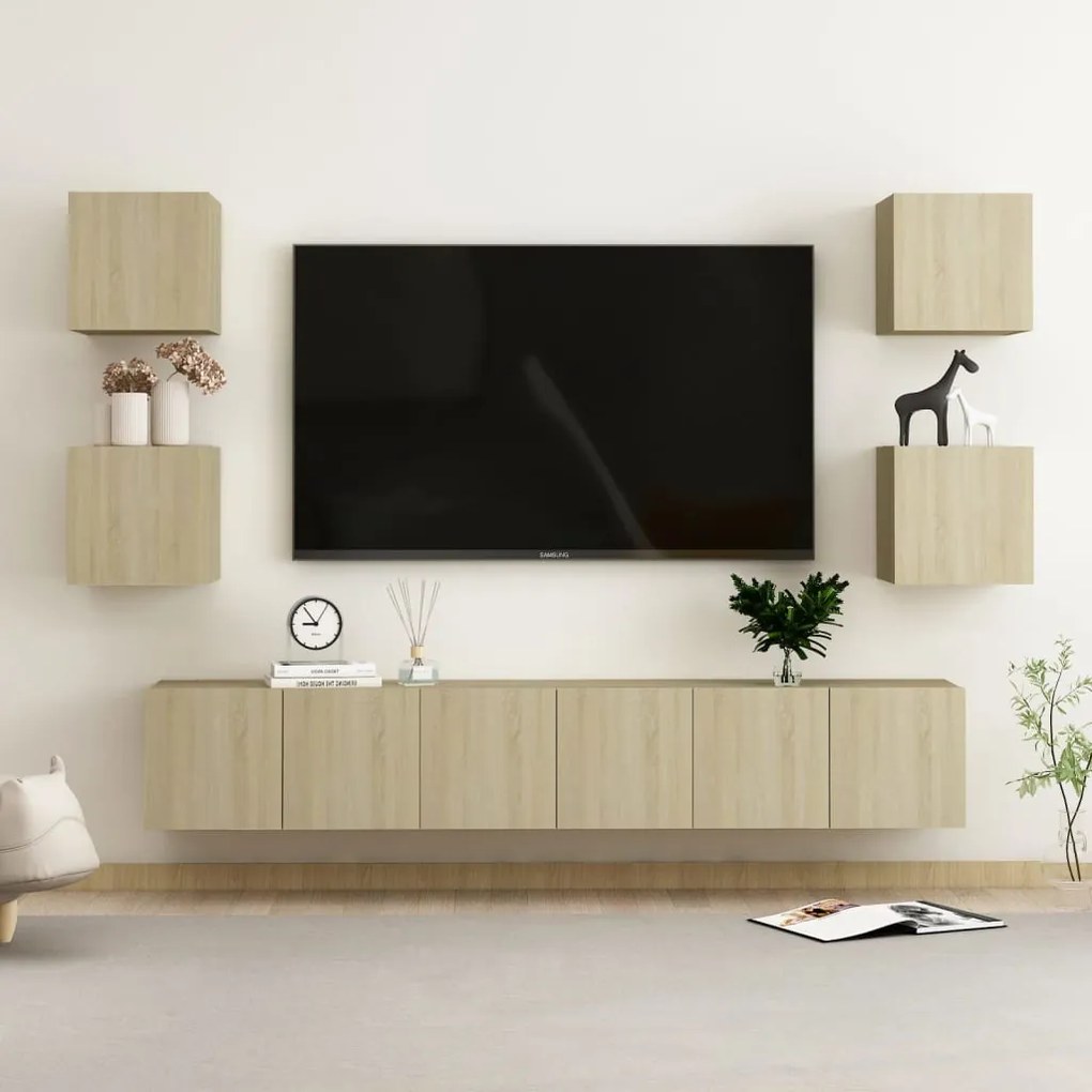 7 pcs conjunto móveis de TV derivados madeira carvalho sonoma