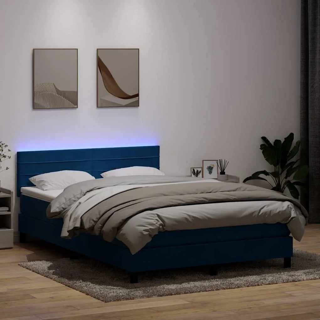 vidaXL Cama box spring c/ colchão e LED 160x220 cm veludo azul-escuro