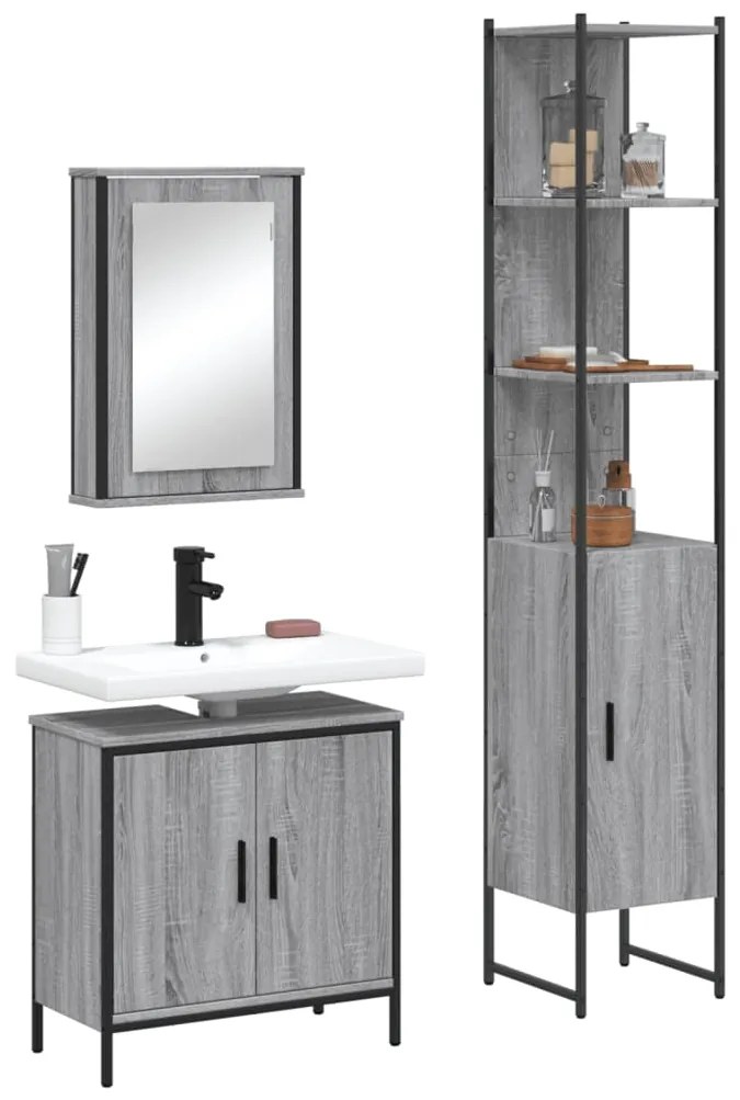 vidaXL 3 pcs Conjunto móveis casa de banho madeira proc. cinza sonoma