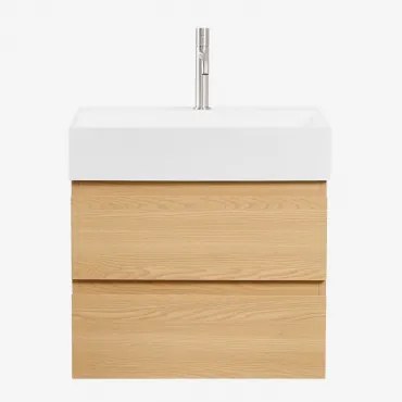 Conjunto De Móvel De Casa De Banho Suspenso Em Madeira E Folha De Freixo Com Lavatório Integrado Ona Madeira Natural & Sem Espelho - Sklum