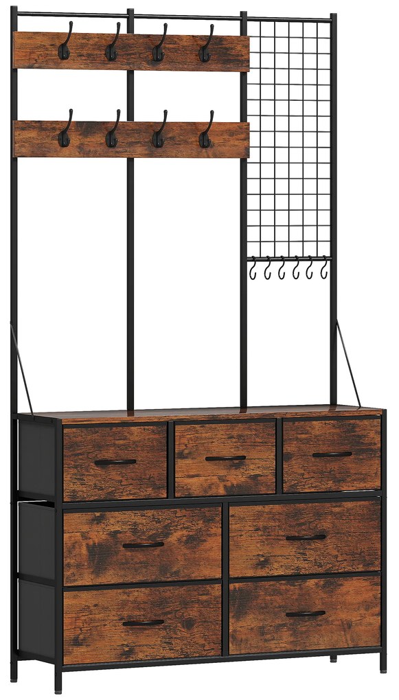 HOMCOM Suporte para Cabides Móvel de Arrumação com Sapateira 14 Ganchos 7 Gavetas de Tecido e Prateleira 100x30x183 cm Castanho Rústico | Aosom Portugal