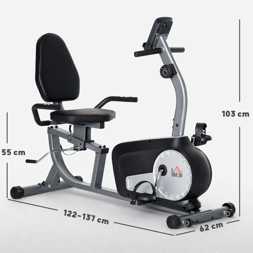 Bicicleta Estática com Encosto com 8 Níveis de Resistência Magnética Comprimento Ajustável Ecrã LCD 122-137x62x103 cm Cinza