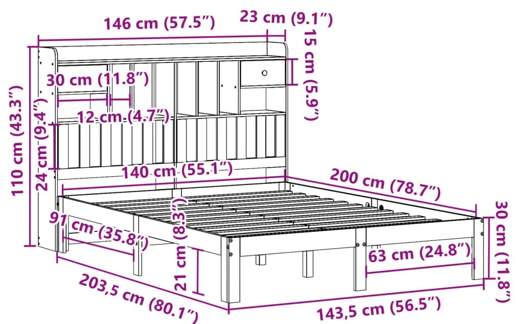Cama com estante sem colchão 140x200 cm pinho maciço