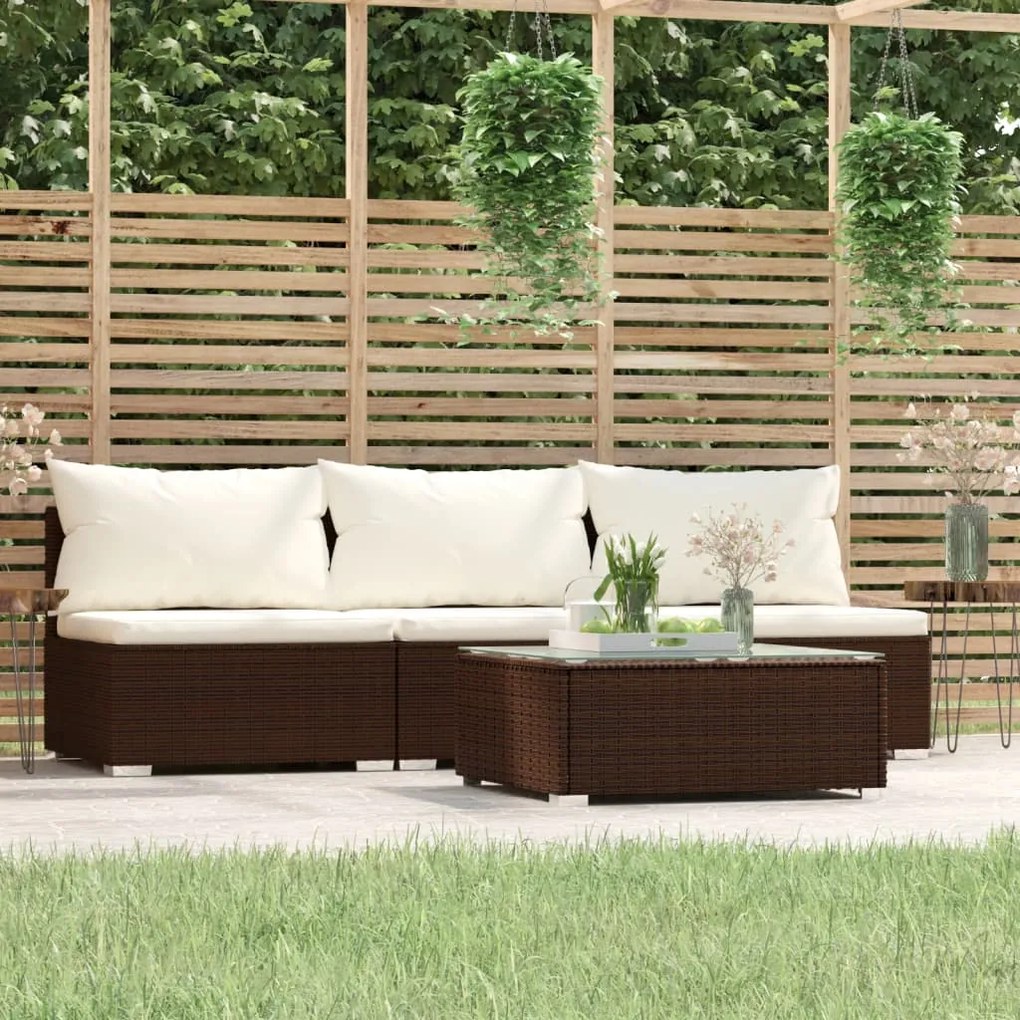 vidaXL 4 pcs conjunto lounge jardim c/ almofadões vime PE castanho