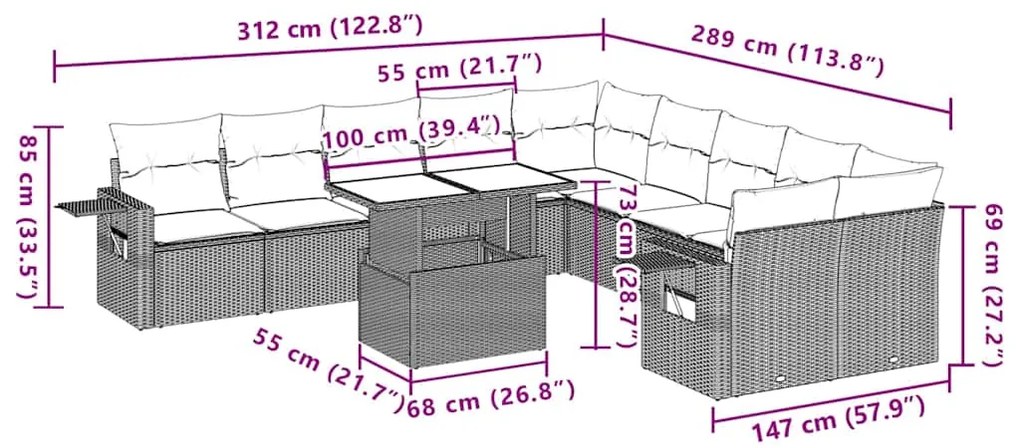 11 pcs conjunto sofás de jardim c/ almofadões vime PE preto