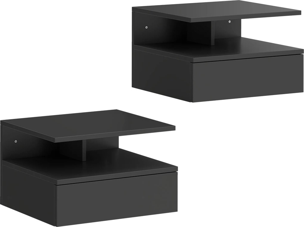 Conjunto de 2 Mesas de Cabeceira Suspensas com Gaveta Montadas na Parede 35x32x22,5 cm Preto