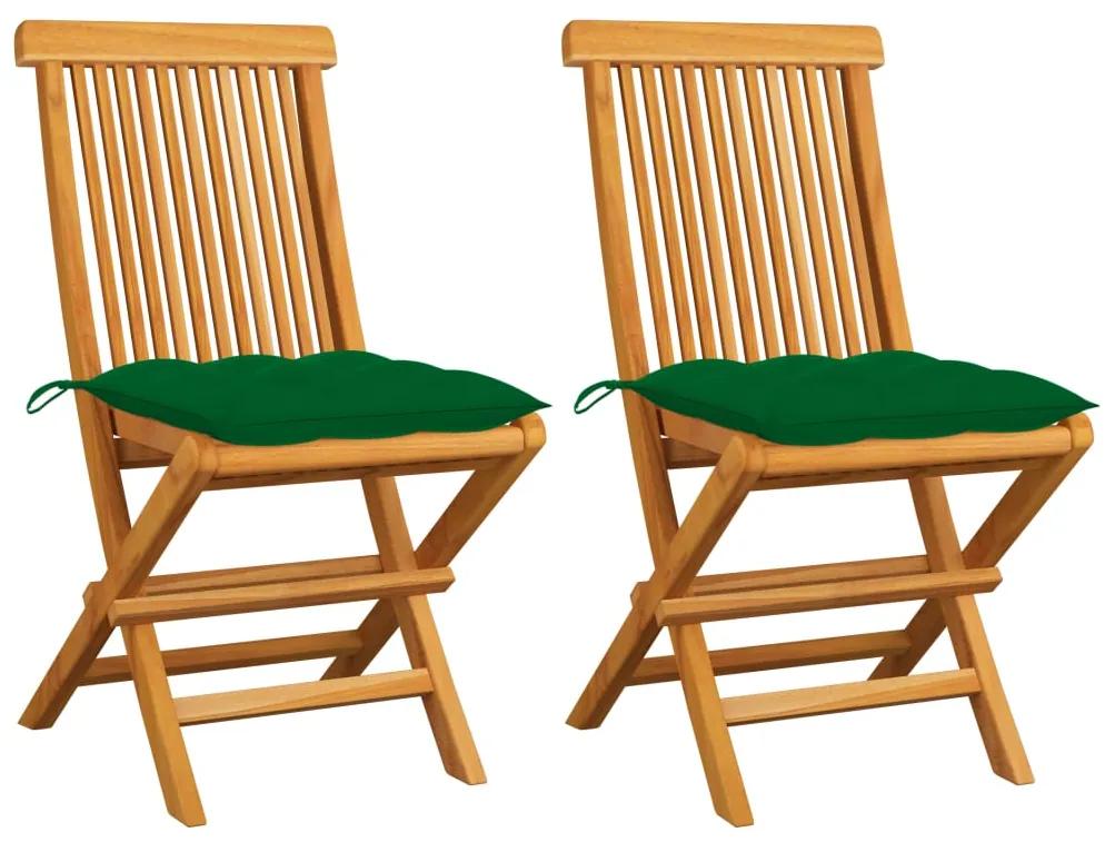 3062480 vidaXL Cadeiras de jardim c/ almofadões verdes 2 pcs teca maciça