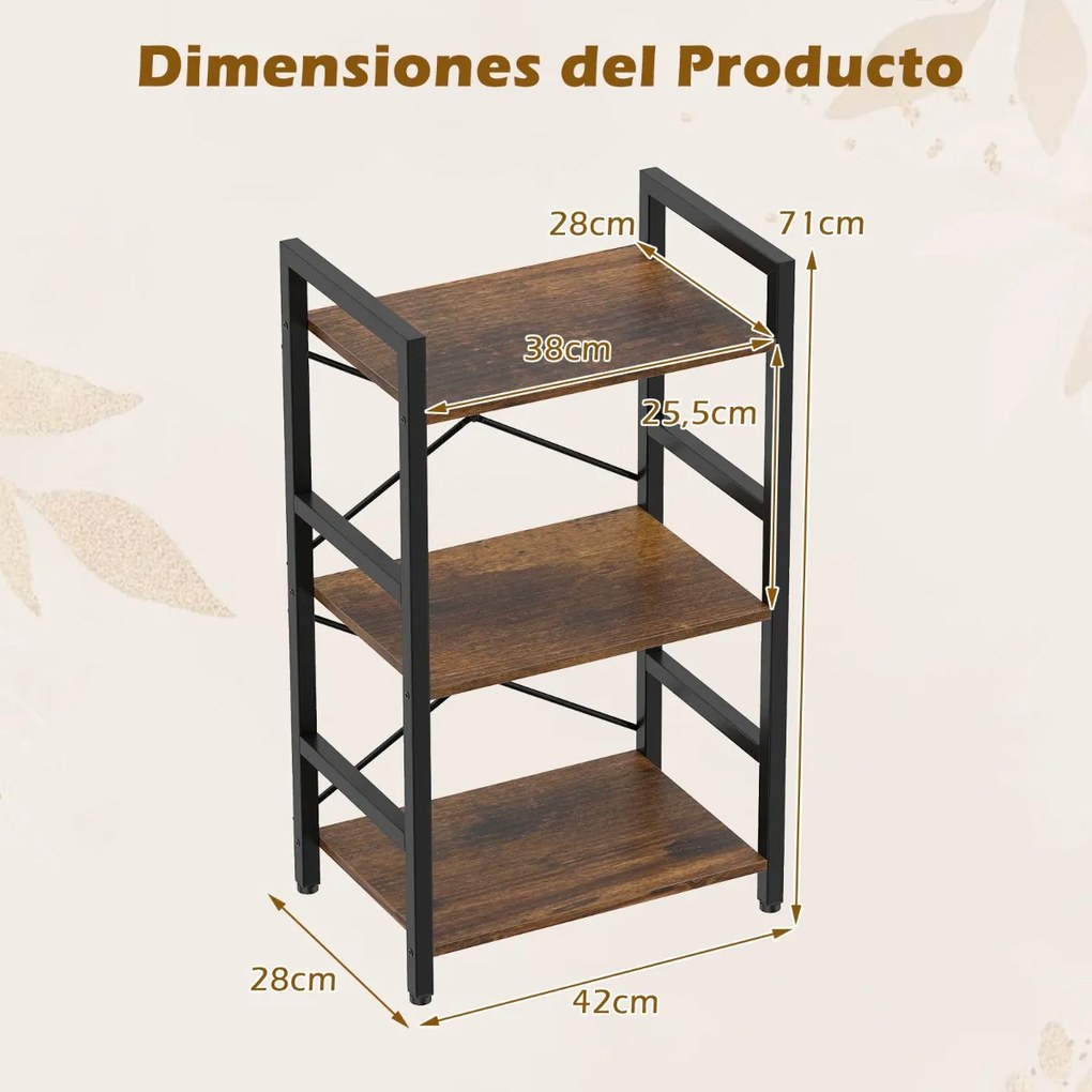 Estante metálica compacta 42 x 28 x 71 cm de 3 níveis com prateleiras abertas e proteção anti-tombamento para sala de estar, escritório ou estúdio, em