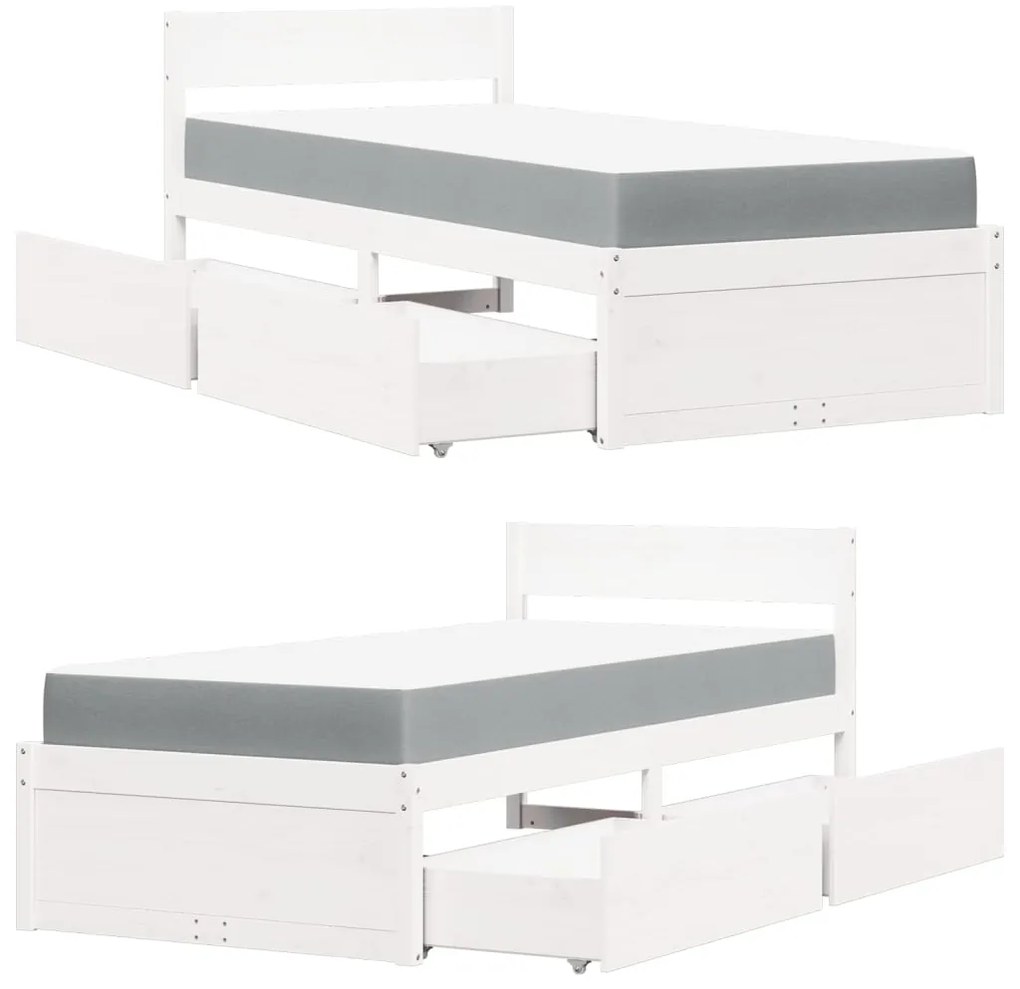 Cama com gavetas e colchão 90x190 cm pinho maciço branco