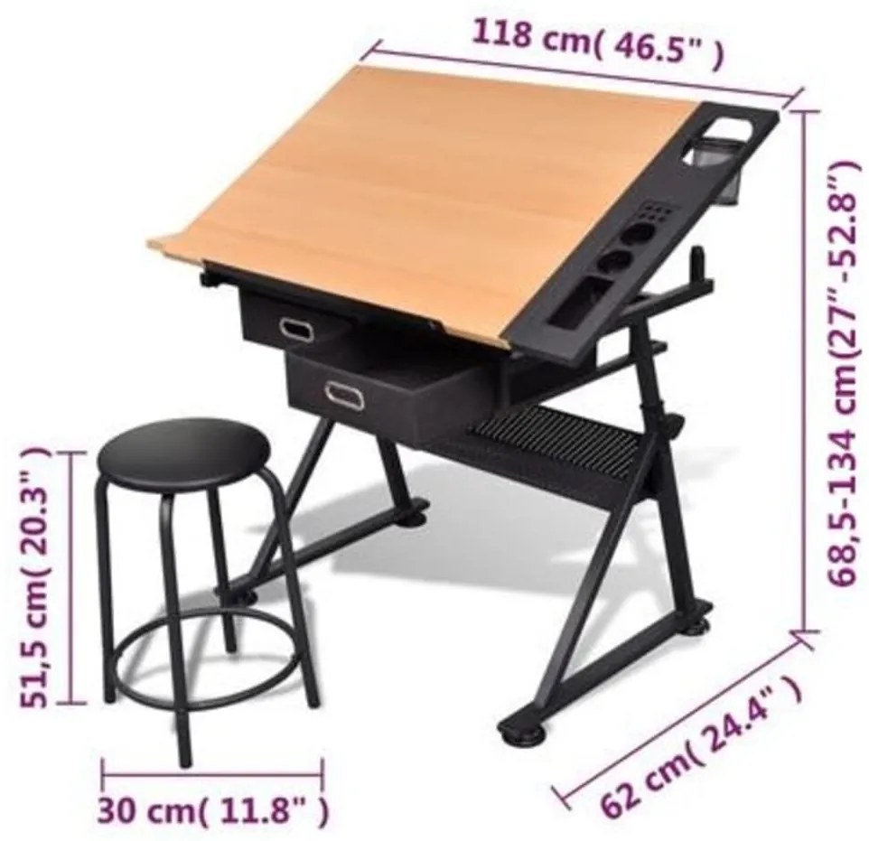 Mesa de desenho com tampo inclinável/banco/2 gavetas