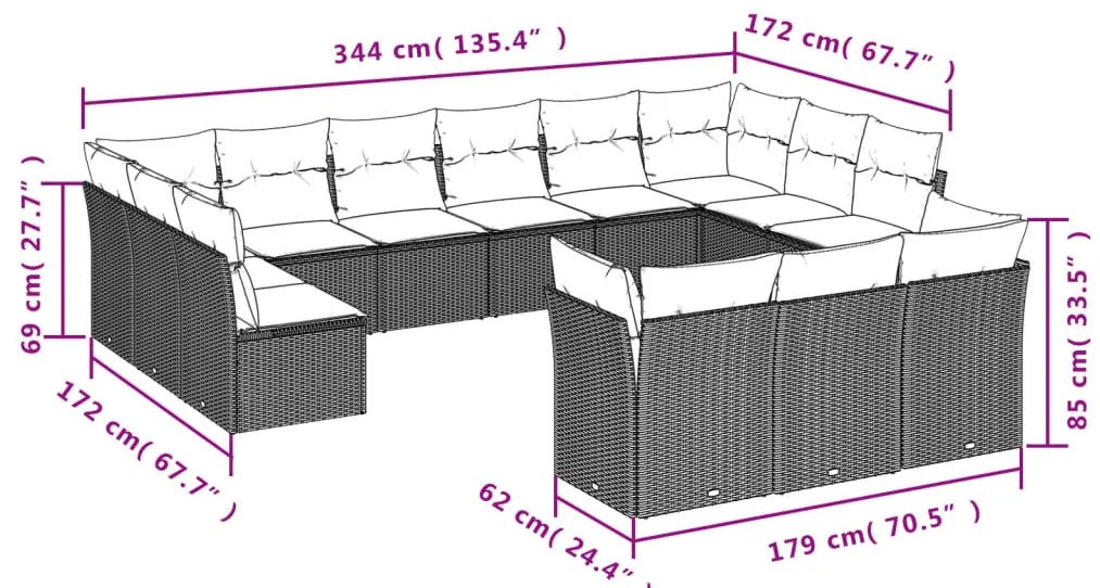 13 pcs conjunto de sofás p/ jardim com almofadões vime PE bege