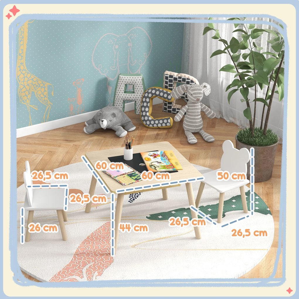 Conjunto de Mesa e 2 Cadeiras com Encosto em Forma de Ursinho e Compartimentos Ocultos Madeira e Branco