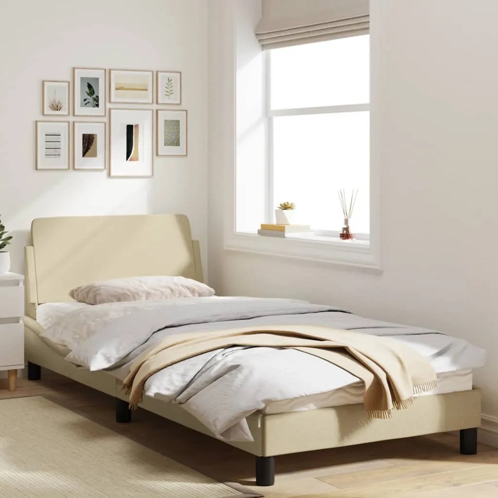 Estrutura de cama c/ cabeceira tecido cor creme 90x190 cm