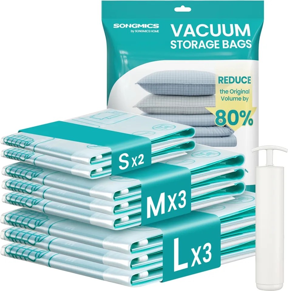 Conjunto 8 Sacos de vácuo 8 saquinhos (2S+3M+3L), sacos para vestuário e roupa de cama Transparente