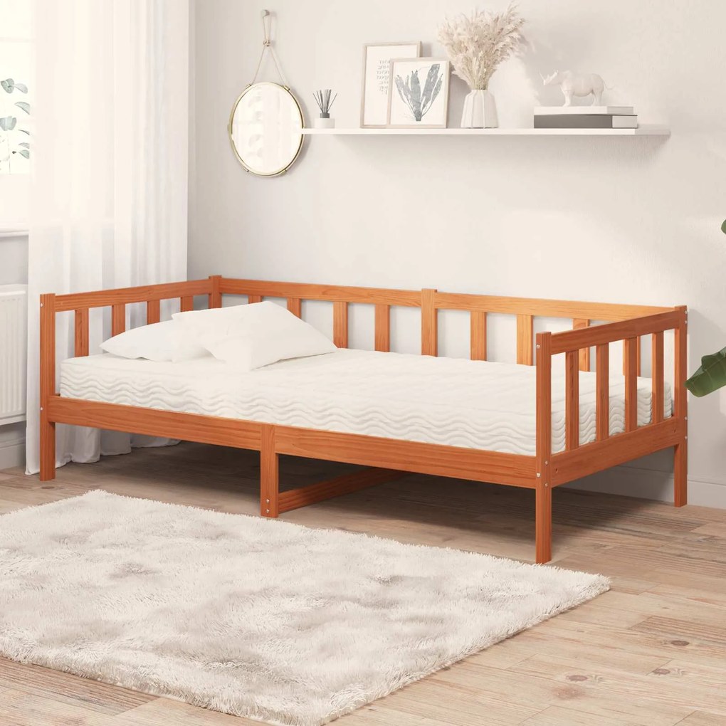 vidaXL Cama de Dia com colchão Marron Cera e Branco 90 x 200 cm