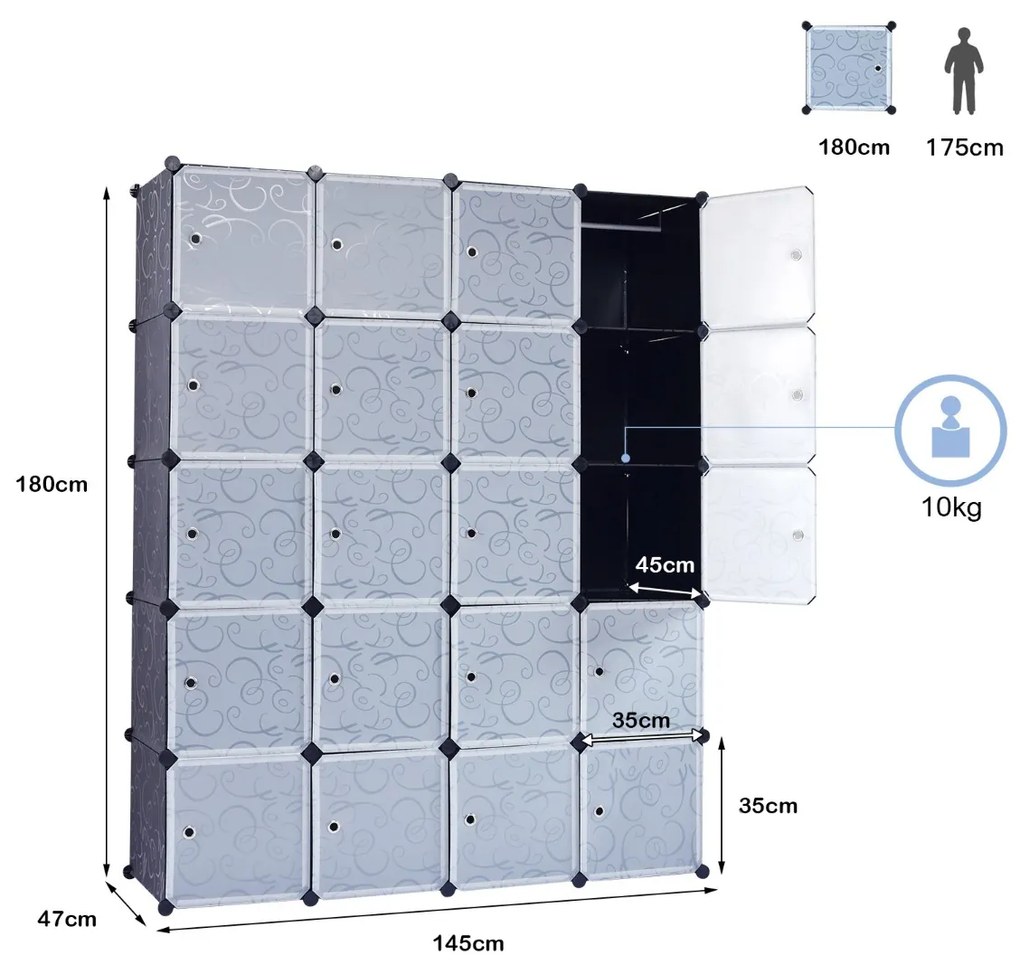 Armário Guarda Roupa Modular com 20 Cubos 35 x 45 x 35 cm Plástico com Portas Fácil de Montar para Sala Quarto