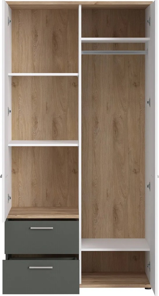 Roupeiro Tolfela 107, Branco, Cinzento, Carvalho de mel, 196x100x60cm, 126.9 kg, Portas para roupeiro: Com dobradiças