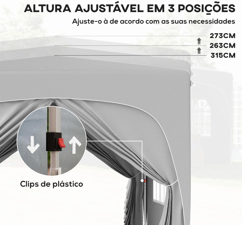 Tenda Dobrável 3x3 m com Painéis Laterais UPF50+ Tenda de Jardim com Altura Ajustável e Bolsa de Transporte Cinza Claro