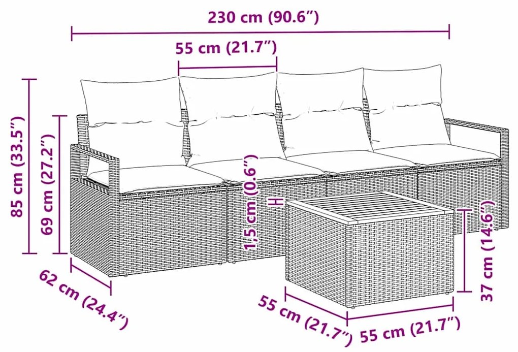 Conjunto de sofá de jardim com 5 peças e almofadas bege em rattan sint