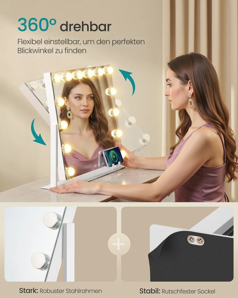 Espelho de maquilhagem 10 x 55 x 45 cm com iluminação e 14 lâmpadas LED Branco 