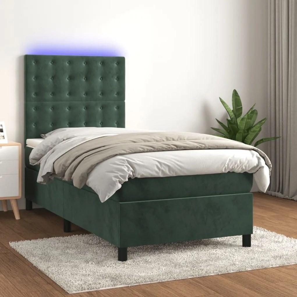 Cama box spring c/ colchão/LED 80x200 cm veludo verde-escuro