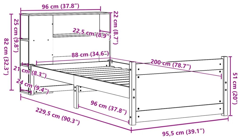 Cama com estante sem colchão 90x200 cm pinho maciço branco