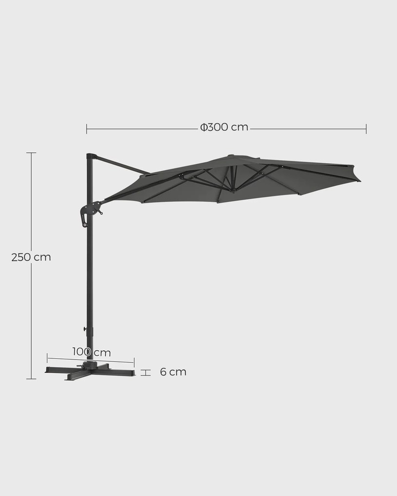 Guarda-sol jardim Ø 3 m com base quadrada (sem pesos) proteção UV até UPF 50+cinzento