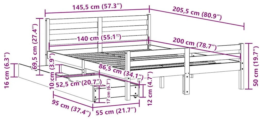Cama sem colchão 140x200 cm madeira de pinho maciça branco