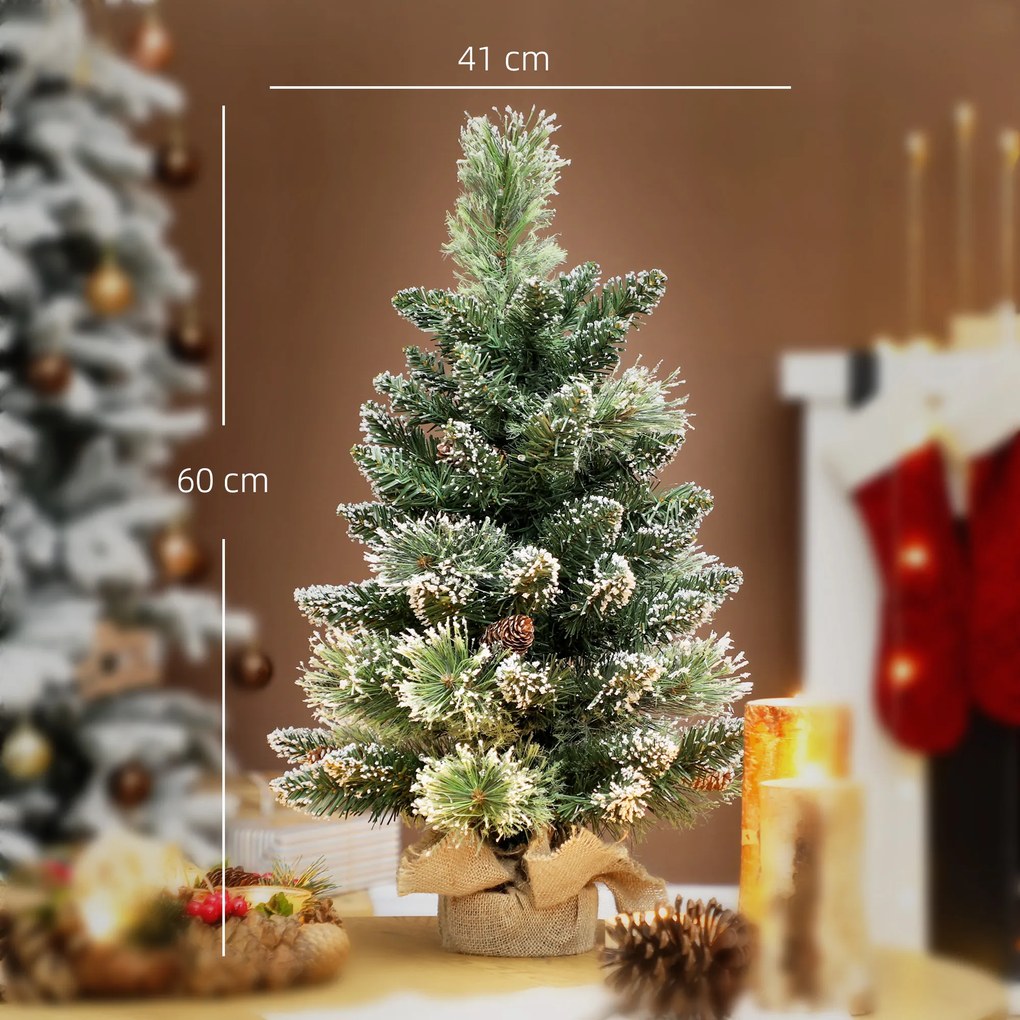 Mini Árvore de Natal Artificial com 35 Luzes LED 60 cm 64 Ramos com Neve Pinha Bagas e Base de Saco de Juta Ø41x60 cm Verde