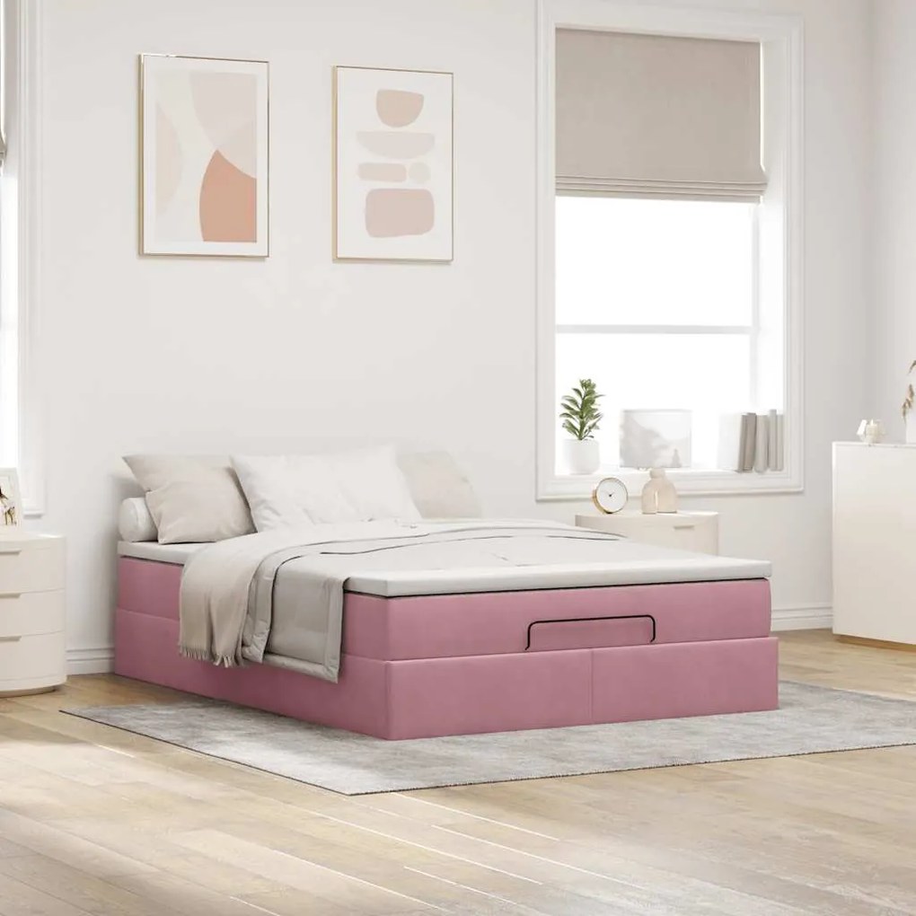Estrutura de cama otomana com colchão 140x190 cm veludo rosa