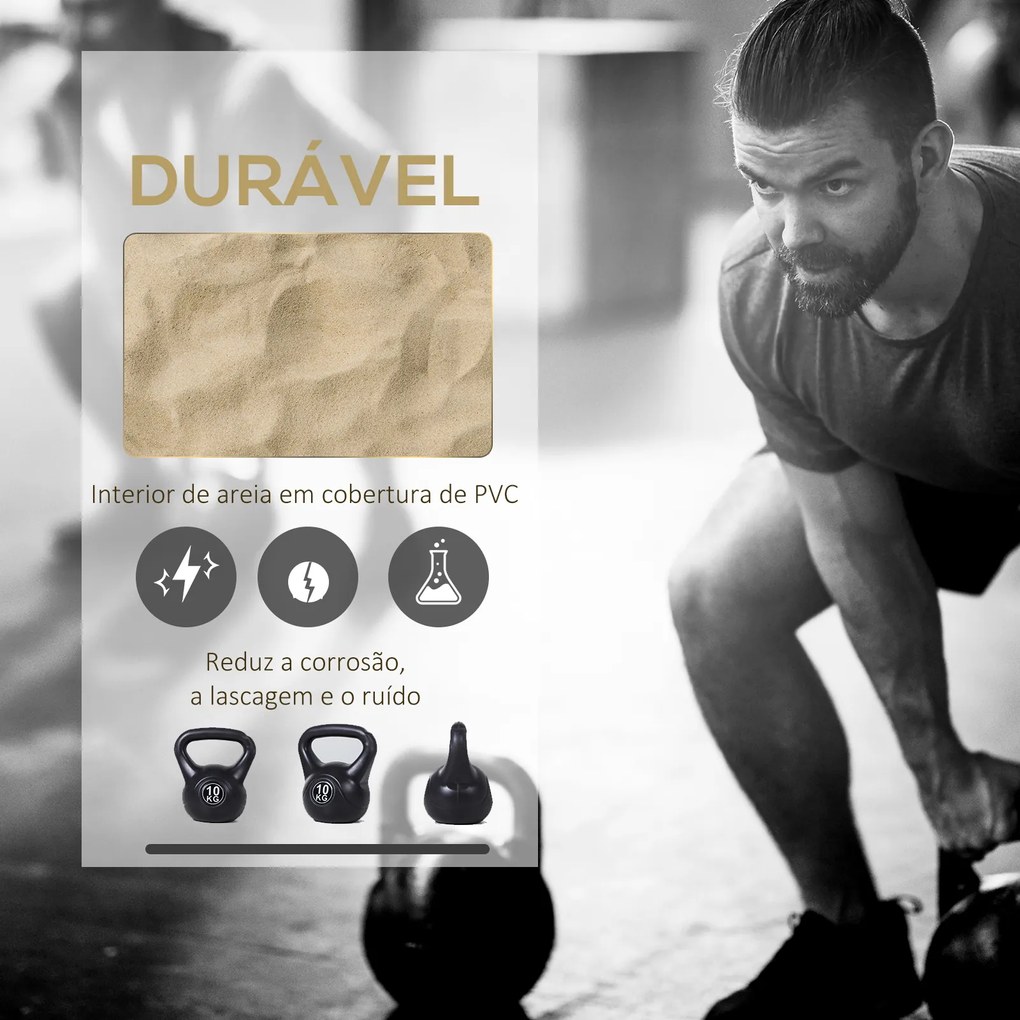 Peso Russo de 10 kg Kettlebell Preenchido de Areia com Punho Largo e Antiderrapante para Trenos em Ginásio 25x19x2 cm Preto