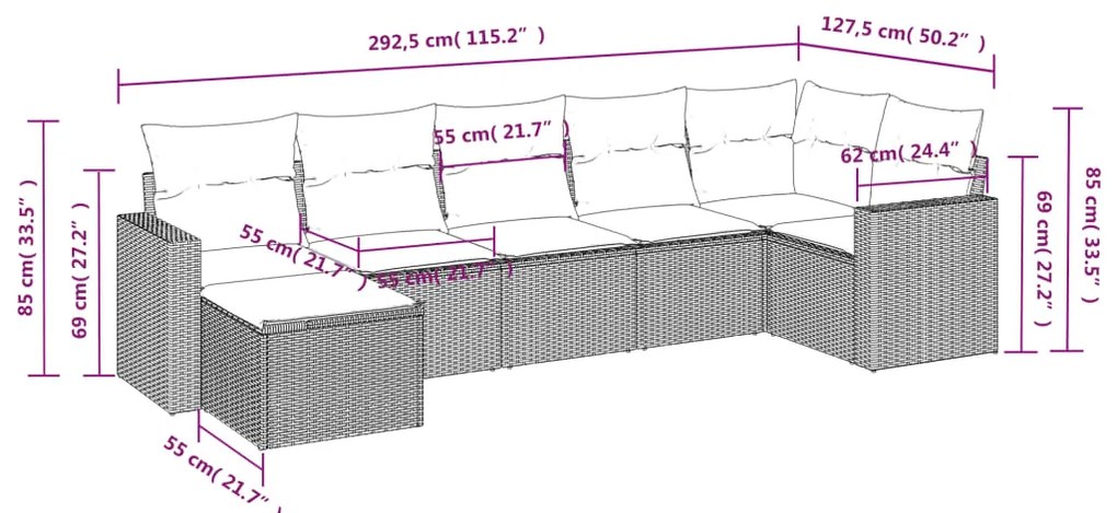 7 pcs conjunto de sofás jardim c/ almofadões vime PE castanho