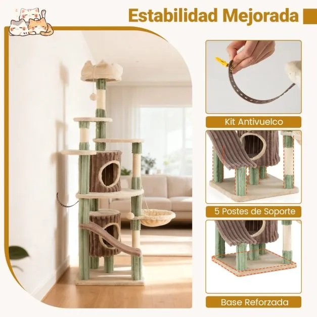 Arranhador Grande para Gatos 77,5 x 68 cm x 163 cm de Interior com 2 Casas Percha de Peluche Cama Postes Rascadores de Sisal Verde