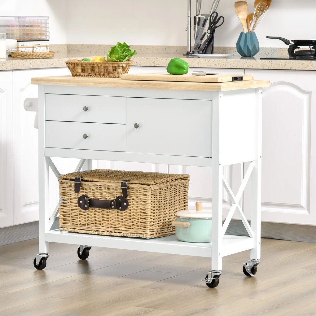 HOMCOM Carrinho de Cozinha com Rodas Aparador Multifuncional com Armário 2 Gavetas Prateleira e Barra para Panos 108x45x89cm Branco