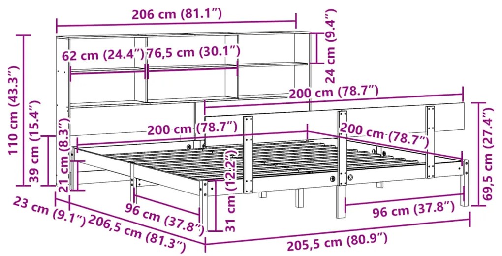 Cama com estante sem colchão 200x200 cm pinho maciço