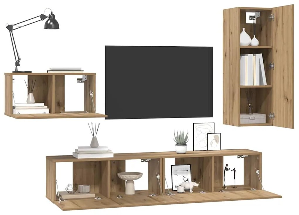 Conjunto de móvel de TV com gaveta com prateleira 4 pcs carvalho artis