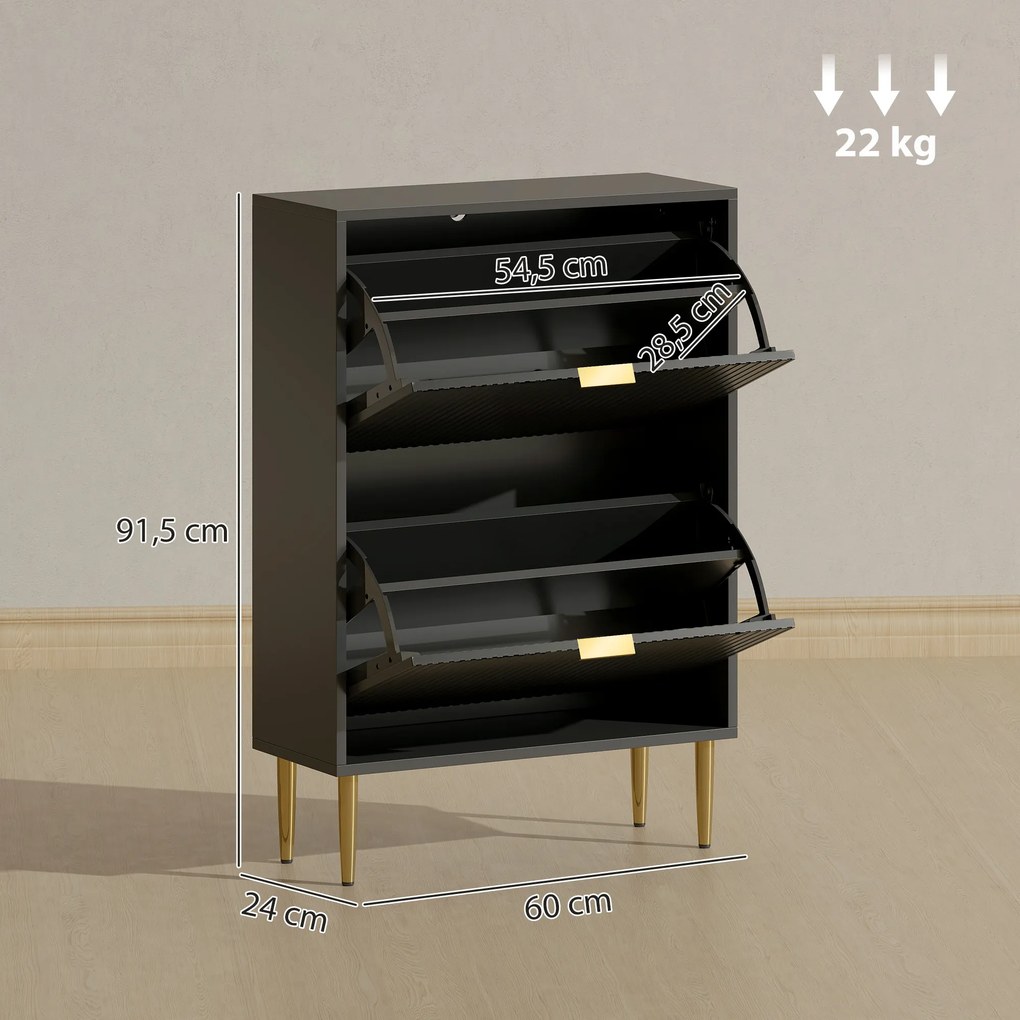 Sapateira 60 x 24 x 91,5 cm com capacidade para 12 pares, com 2 gavetas rebatíveis, portas caneladas e prateleiras ajustáveis, preto
