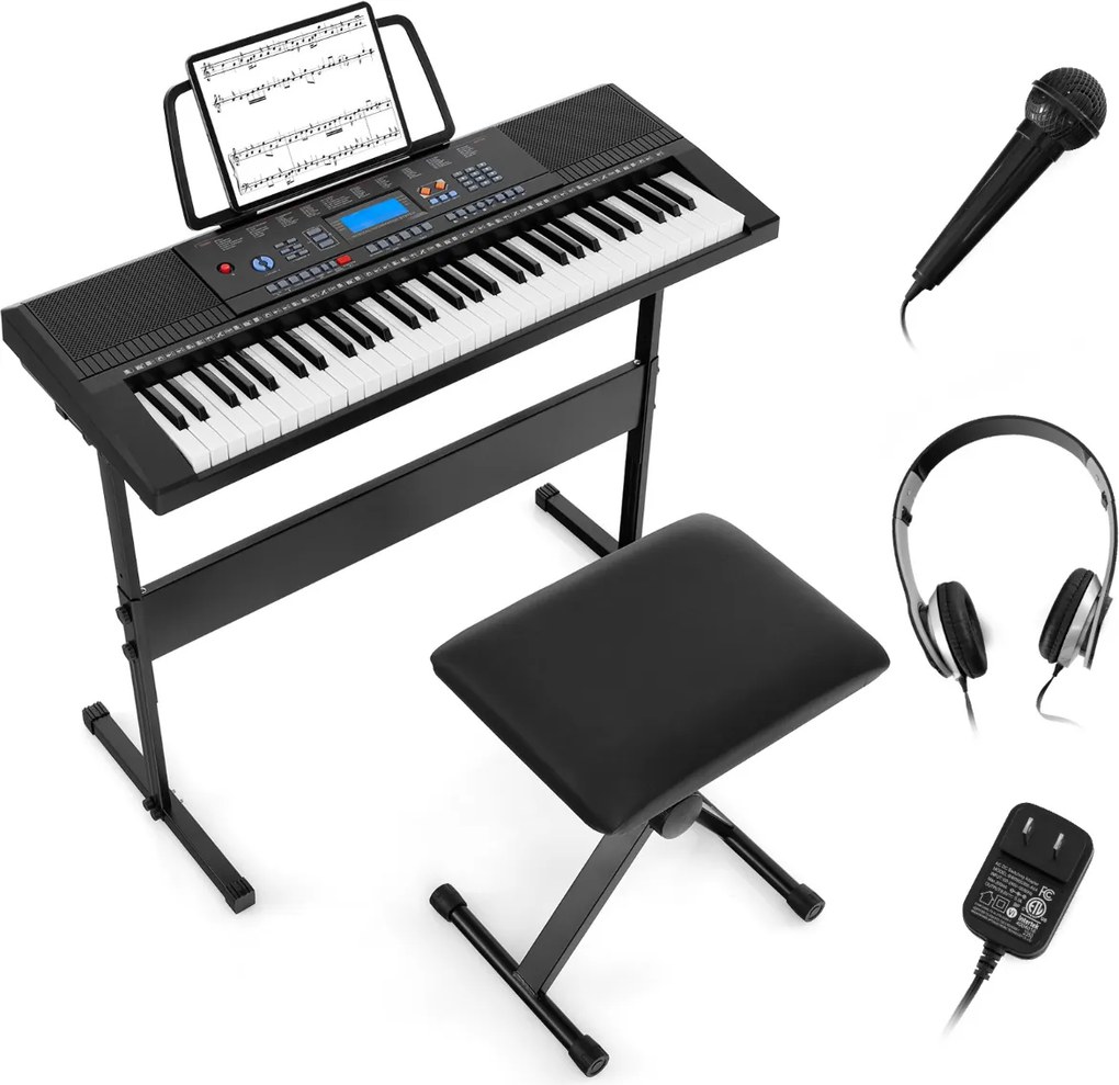 Teclado eletrónico portátil de 61 teclas com suporte e banco Conjunto completo de piano digital Branco + Preto