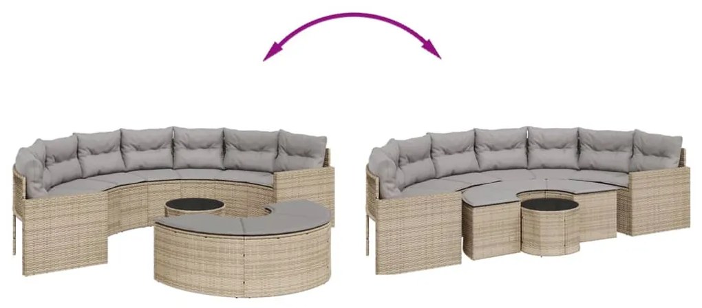 3 pcs conjunto de sofás de jardim semicircular vime PE bege