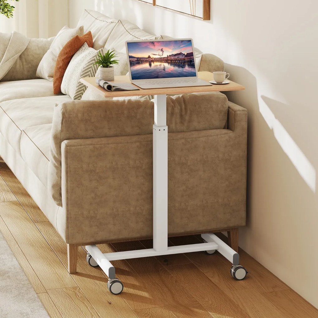 Secretária elevável com pés móveis e altura ajustável, 4 rodas giratórias, base em forma de H para escritório, 65 x 48 x 74,5-108,5 cm, natural