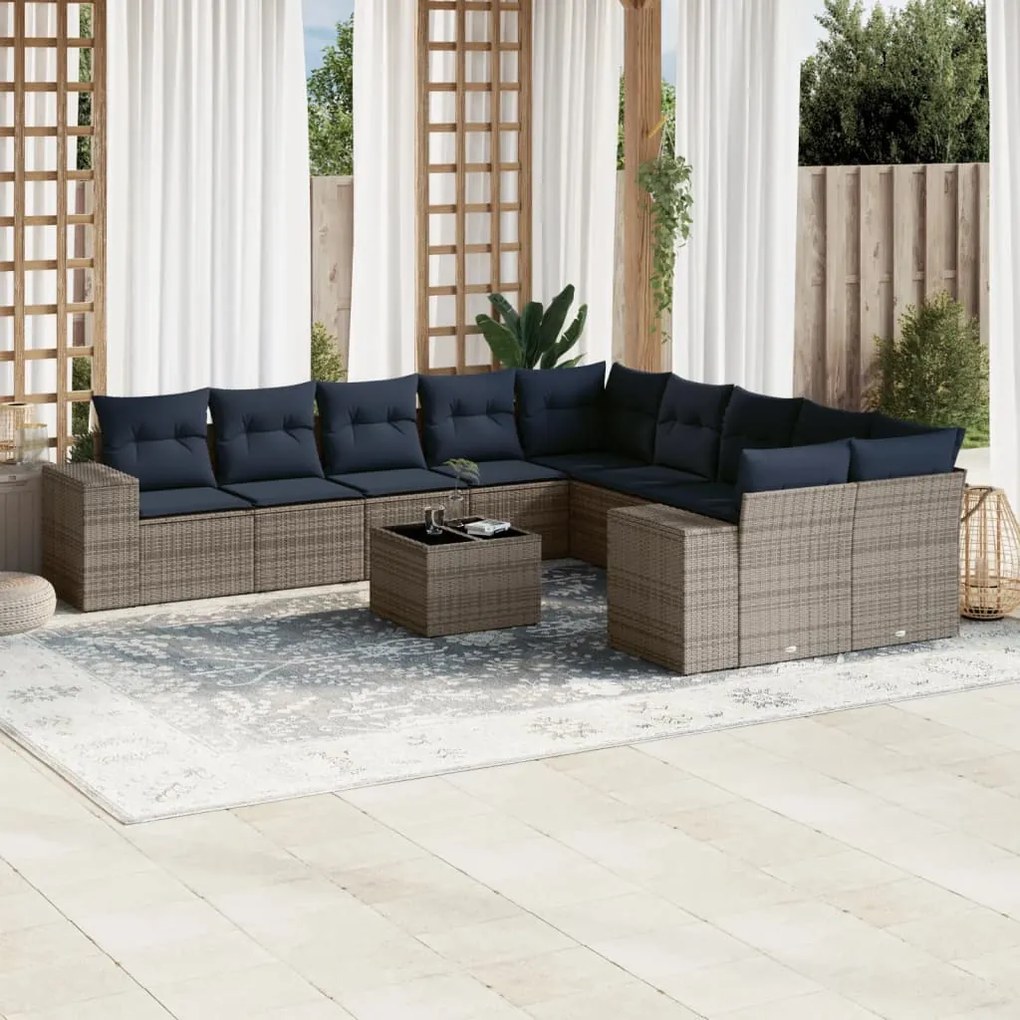 vidaXL 11 pcs conjunto sofás de jardim c/ almofadões vime PE cinzento