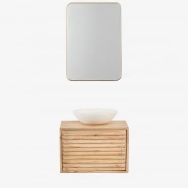 Conjunto De Móvel De Casa De Banho Suspenso Em Madeira Deleyna Madeira Natural & Cimento Redondo Branco Ø40 Cm Zavion & Retangular Dourado - Sklum