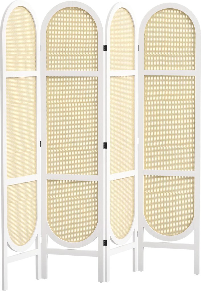 Biombo de interior em madeira com 4 painéis, 170 x 160 cm, dobrável e portátil, com padrão tecido à mão, branco