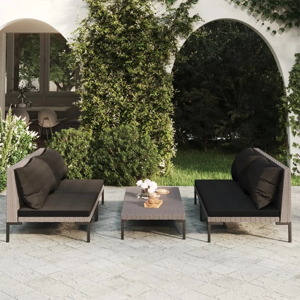 vidaXL 5 pcs conj. lounge jardim c/ almofadões vime PE cinza-escuro