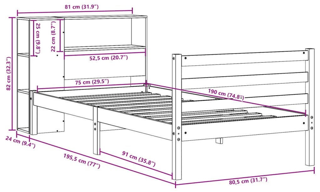 Cama com estante sem colchão 75x190 cm pinho maciço